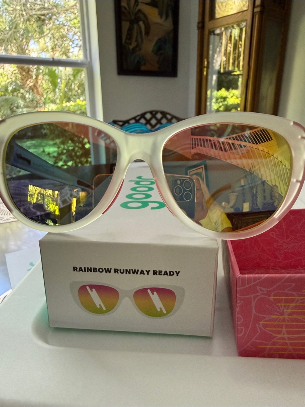 Goodr White with Pink Accents Cat-Eye Sunglasses with Rainbow Mirror Lenses